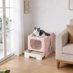 Cat Litter Box with Lid, Large Foldable Cat Box with Litter Scoop, Front Entry Top Exit Kitty Litter Box with Door, Easy Cleaning Drawer Design Odor Control, Pink