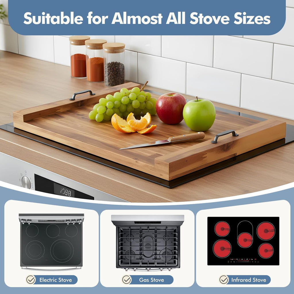 Noodle Board Stove Cover with Handles, Wooden Stove Top Cover for Gas Electric Glass Stove, 22 x 29.5 inch(Light Brown)