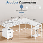 62 Inch L Shaped Gaming Desk with Charging Station & 2 Monitor Stands, Computer Desk with Drawer & Adjustable Storage Shelves, Large Corner Desk for Home Office, White