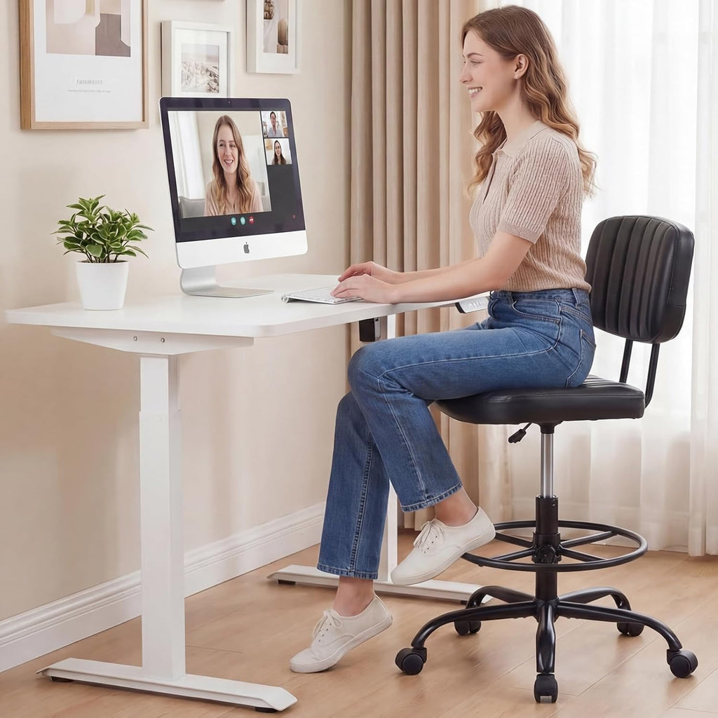 Armless Drafting Chair, Low Back Office Seat with Adjustable Footrest Ring for Standing Desk, Ergonomic PU Leather Office Seating, Swivel Rolling High Stool for Studio, Lab, Counter, Black