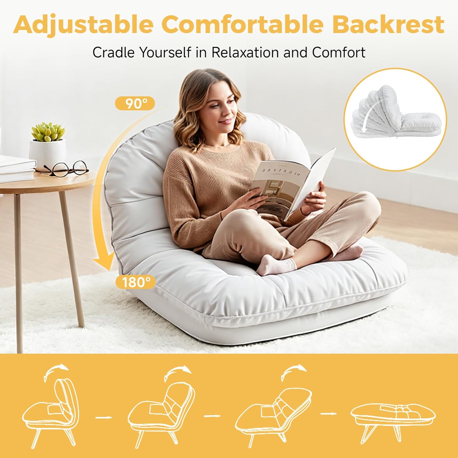 Comfy Saucer Chair,PU Leather Foldable Chairs for Bedroom, Dorm & Gaming, Fashion Floor Chair with Back Support for Small Spaces,Snow White