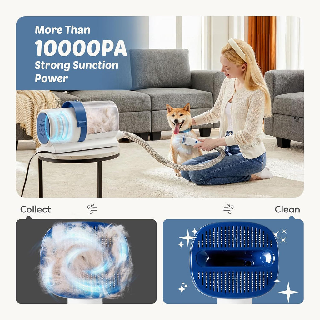 Pet Grooming Vacuum Kit 2.5L, 3 Adjustable Suction Modes Pet Clipper, 5 Professional Grooming Tools with Cordless Low Noise Dog & Cat Hair Clippers, Blue & White