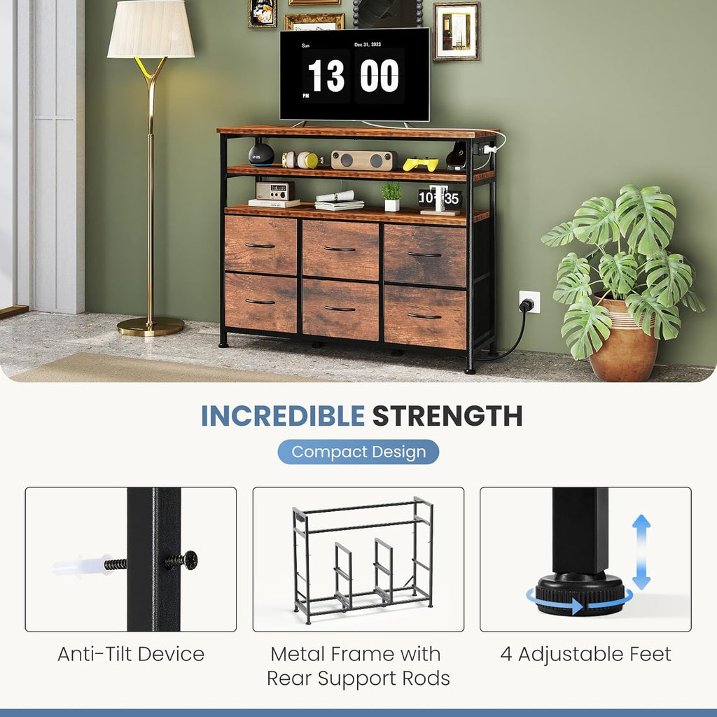 TV Stand for Up to 45 inch TV, Wood Top TV Media Console Table with 6 Fabric Drawers, 2 Shelves, Entertainment Center with LED Lights & Charging Station for Living Room, Hallway, Brown