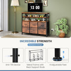 TV Stand for Up to 45 inch TV, Wood Top TV Media Console Table with 6 Fabric Drawers, 2 Shelves, Entertainment Center with LED Lights & Charging Station for Living Room, Hallway, Brown