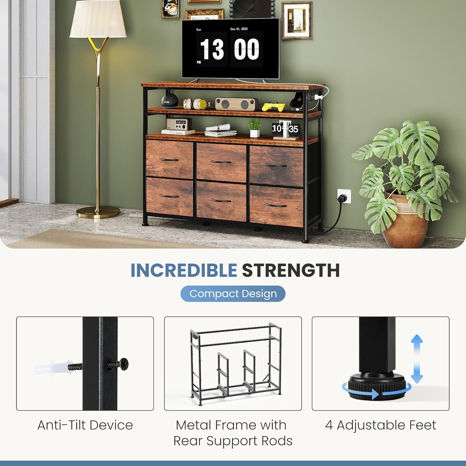 TV Stand for Up to 45 inch TV, Wood Top TV Media Console Table with 6 Fabric Drawers, 2 Shelves, Entertainment Center with LED Lights & Charging Station for Living Room, Hallway, Brown