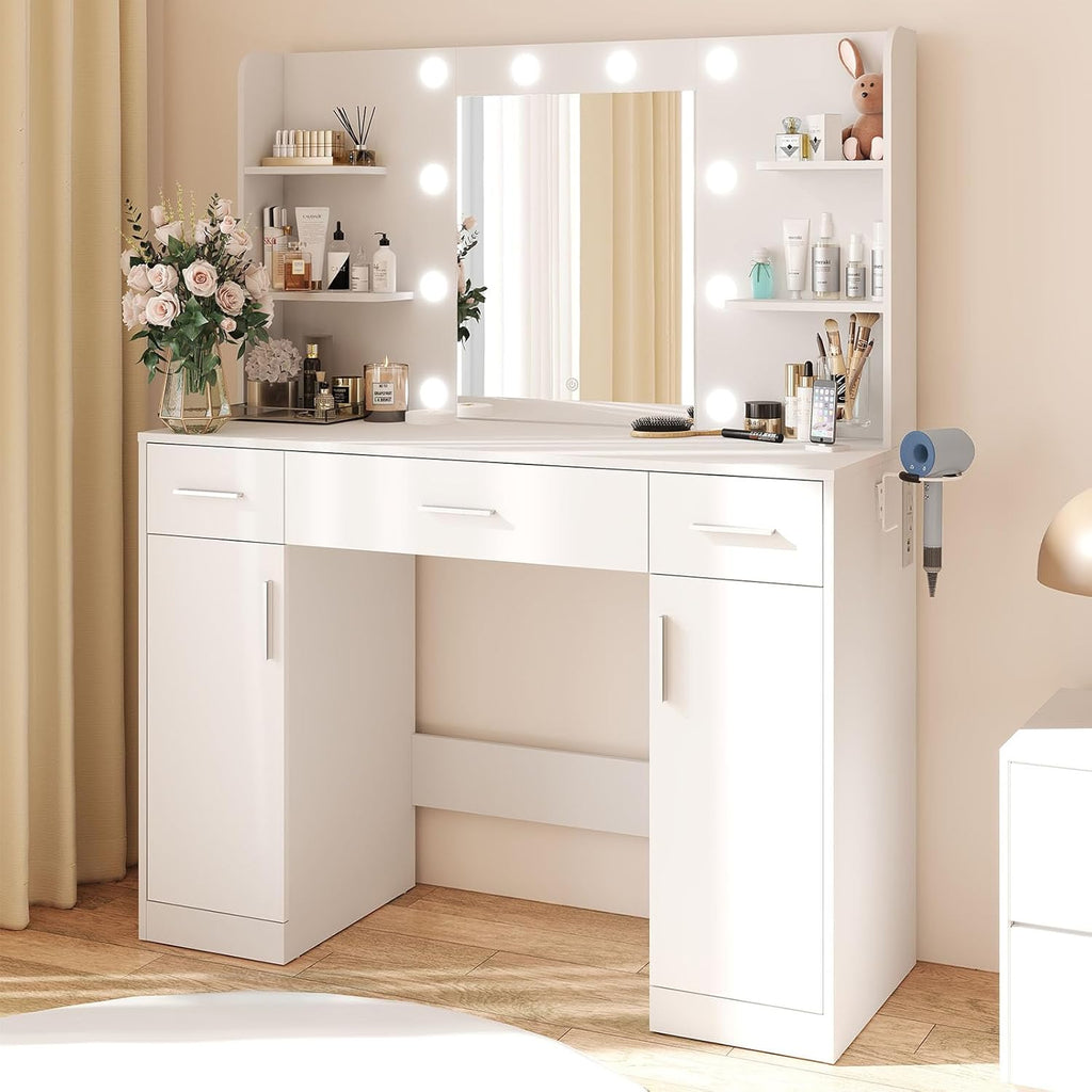 Makeup Vanity Desk, Vanity Table Set with Mirror and Lights, Small Vanity with Storage Bench, Charging Station and Hair Dryer Holder, Dressing Table with Drawer and Three Shelves, White