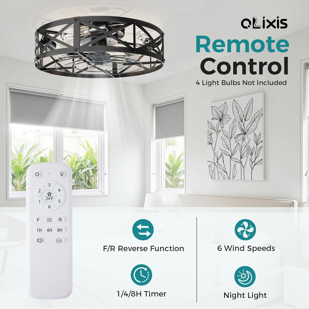 Ceiling Fans with Remote, Farmhouse Ceiling Fan, 22 Inch Low Profile Caged Fandelier, Flush Mount with 6 Wind Speeds, for Bedroom, Kitchen, Living Room, Bulbs Not Included, Black