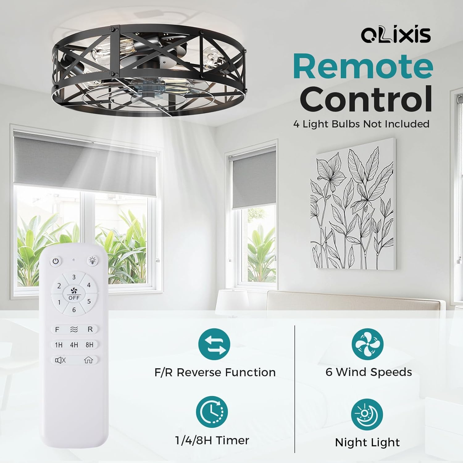 Ceiling Fans with Remote, Farmhouse Ceiling Fan, 22 Inch Low Profile Caged Fandelier, Flush Mount with 6 Wind Speeds, for Bedroom, Kitchen, Living Room, Bulbs Not Included, Black