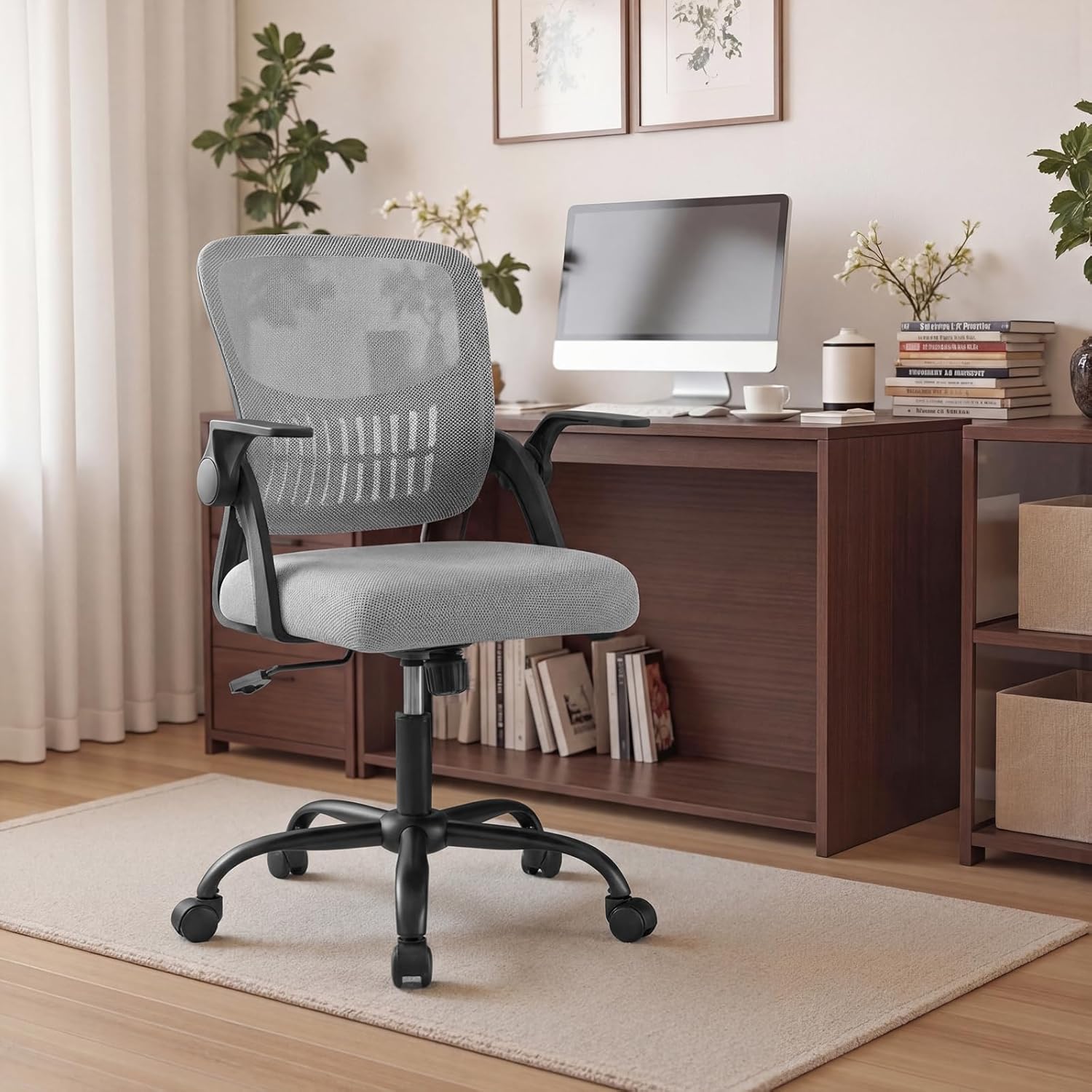 Home Office Desk Chair - Ergonomic Computer Mesh Chair with Lumbar Support & Rocking Mode, Height Adjustable with Flip-up Armrest, for Conference, Meeting Room, 360?? Swivel, Adults, Grey
