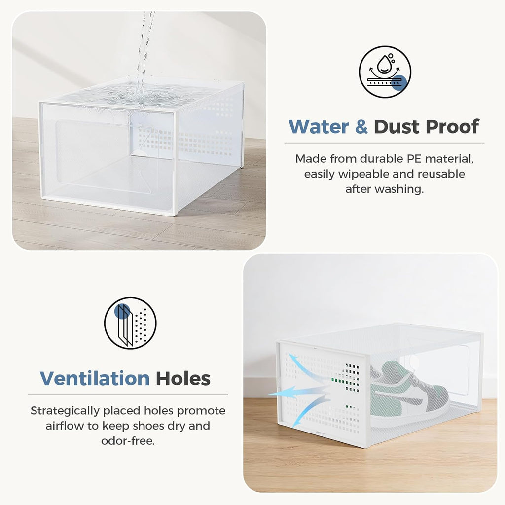 Shoe Storage Boxes, 12-Pack Stackable Clear Shoe Containers with Lids, Display Sneaker Case Organizer for Closet, Under Bed, Entryway,White (Fit Size 11)