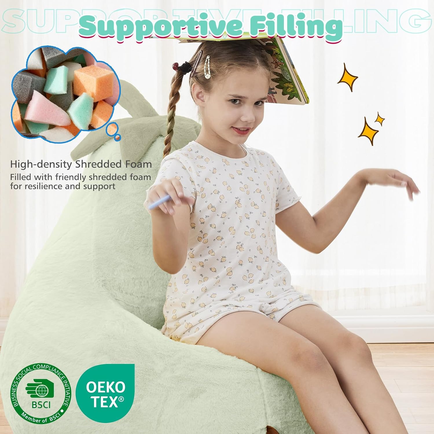 Kids Bean Bag Chair, Stuffed Toddler Couch with Faux Rabbit Fur Cover for Teens & Kids, Comfy Lazy Sofa Chair for Reader, Living Room, Bedroom, Aged 4-12 Years, 31 Inch, Green