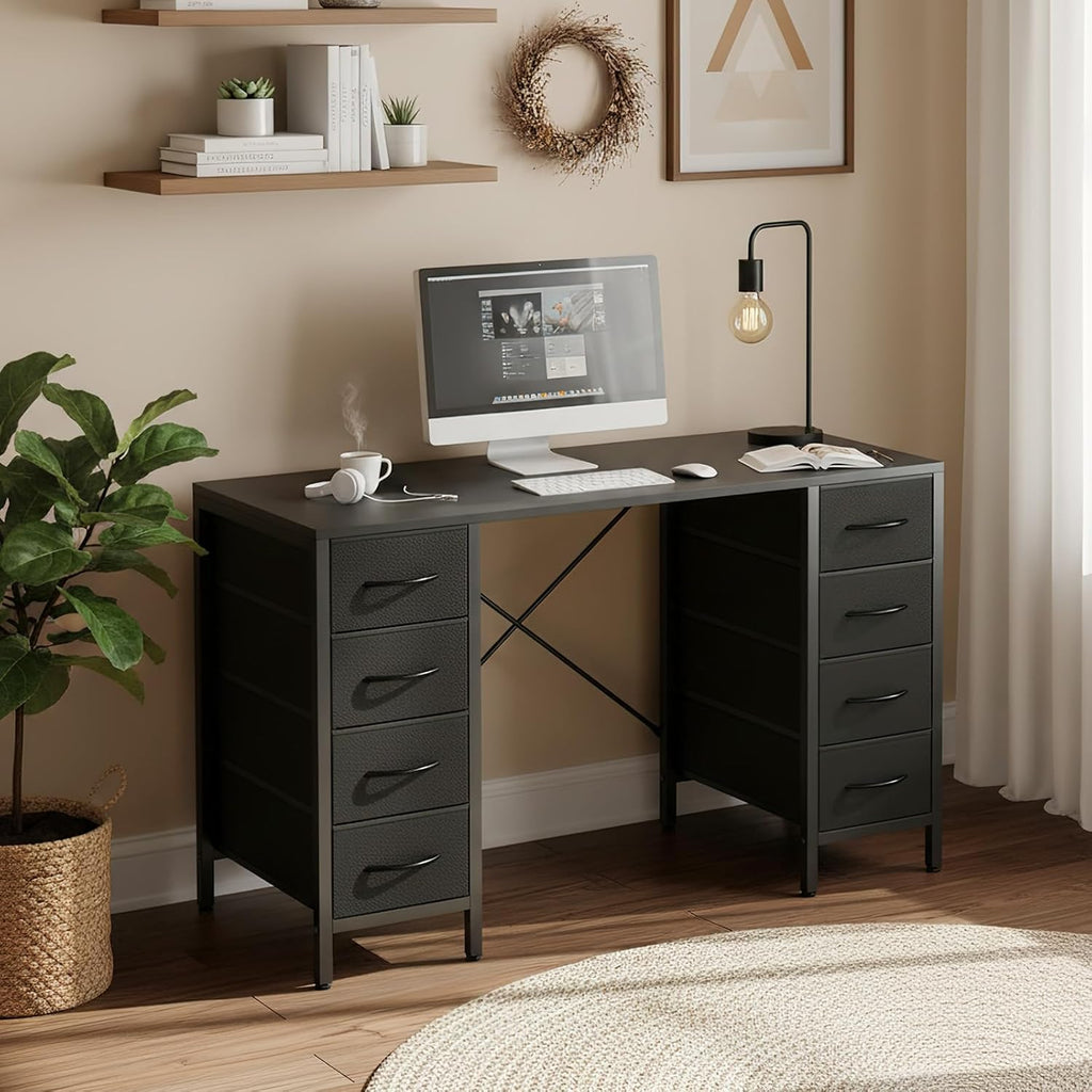 47 Inch Computer Desk with 8 Fabric Drawers, Office Gaming Desk with Storage, Writing Study Table with X-Shaped Reinforced Structure, Black