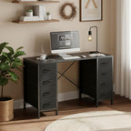 47 Inch Computer Desk with 8 Fabric Drawers, Office Gaming Desk with Storage, Writing Study Table with X-Shaped Reinforced Structure, Black