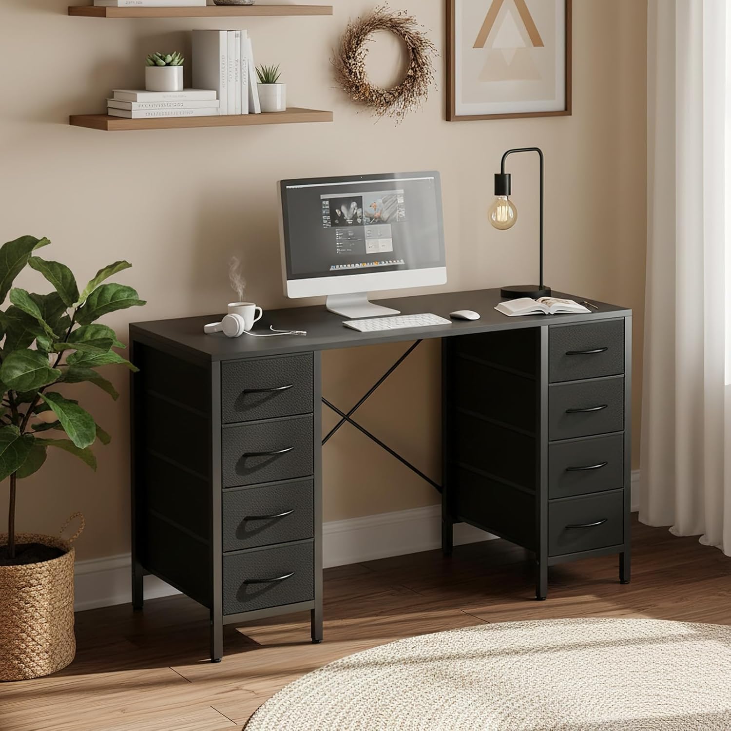 47 Inch Computer Desk with 8 Fabric Drawers, Office Gaming Desk with Storage, Writing Study Table with X-Shaped Reinforced Structure, Black