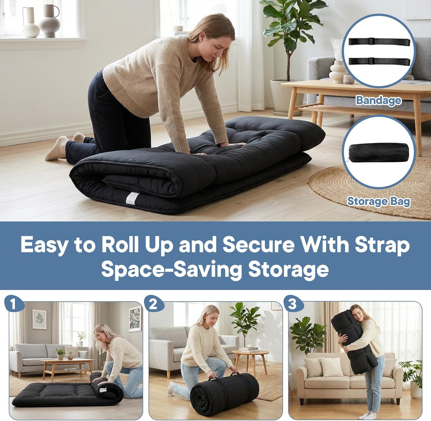 Japanese Floor Mattress Full Size, Futon Mattress Foldable with Removable Washable Cover, Portable Roll Up Tatami Mat for Guest Room, Studio Apartment, Camping and Adult, Black