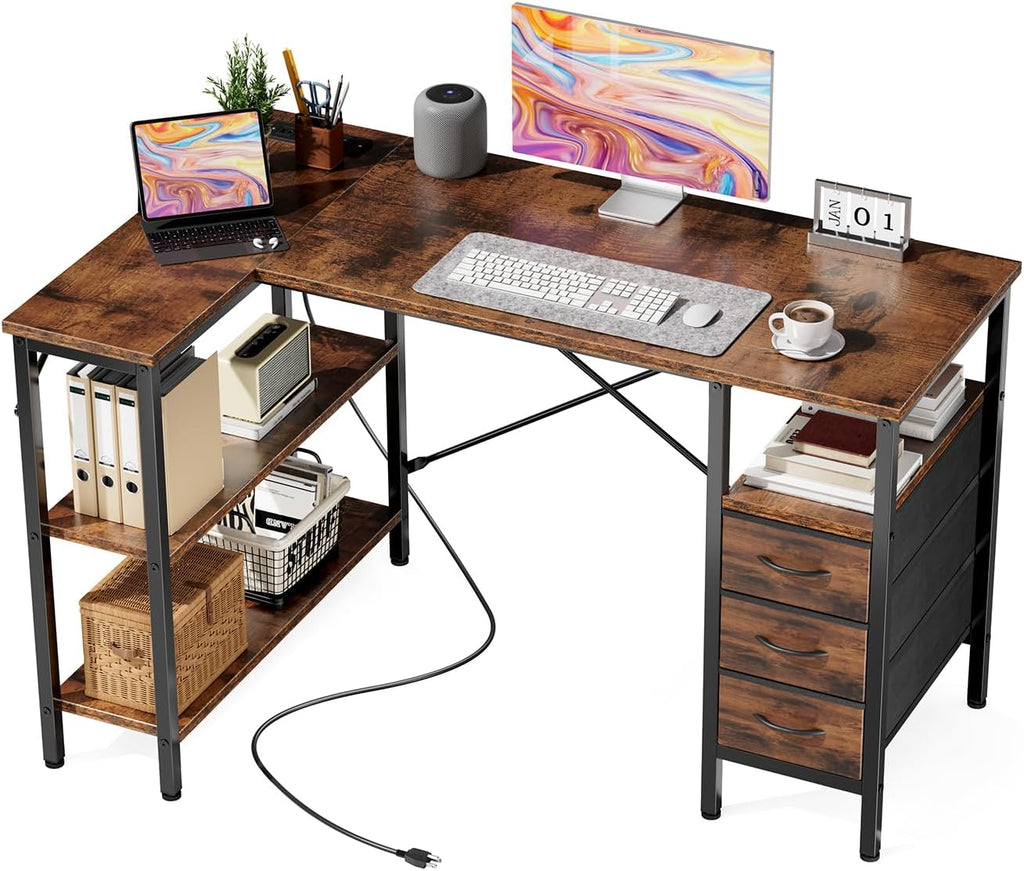 L Shaped Desk with Shelf Drawers 47 Inch, Black Corner Computer Desks Gaming with Power Outlet, Study Table with Adjustable Shelves, Home Office Tables for Bedroom Teacher Reading Writing