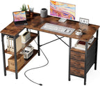 L Shaped Desk with Shelf Drawers 47 Inch, Black Corner Computer Desks Gaming with Power Outlet, Study Table with Adjustable Shelves, Home Office Tables for Bedroom Teacher Reading Writing