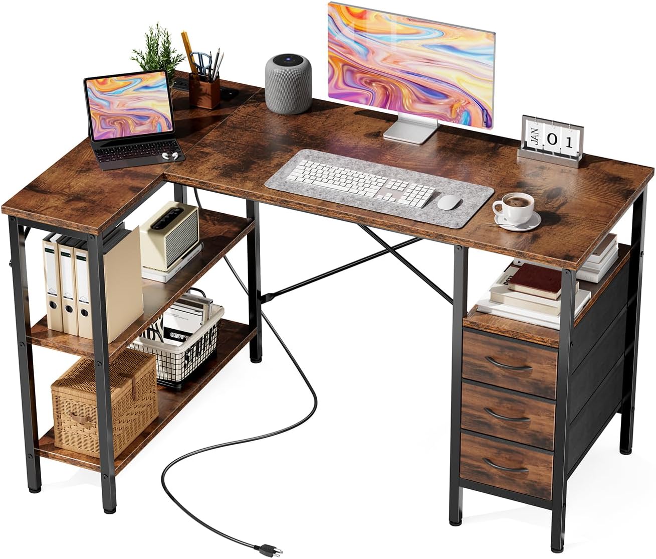 L Shaped Desk with Shelf Drawers 47 Inch, Black Corner Computer Desks Gaming with Power Outlet, Study Table with Adjustable Shelves, Home Office Tables for Bedroom Teacher Reading Writing