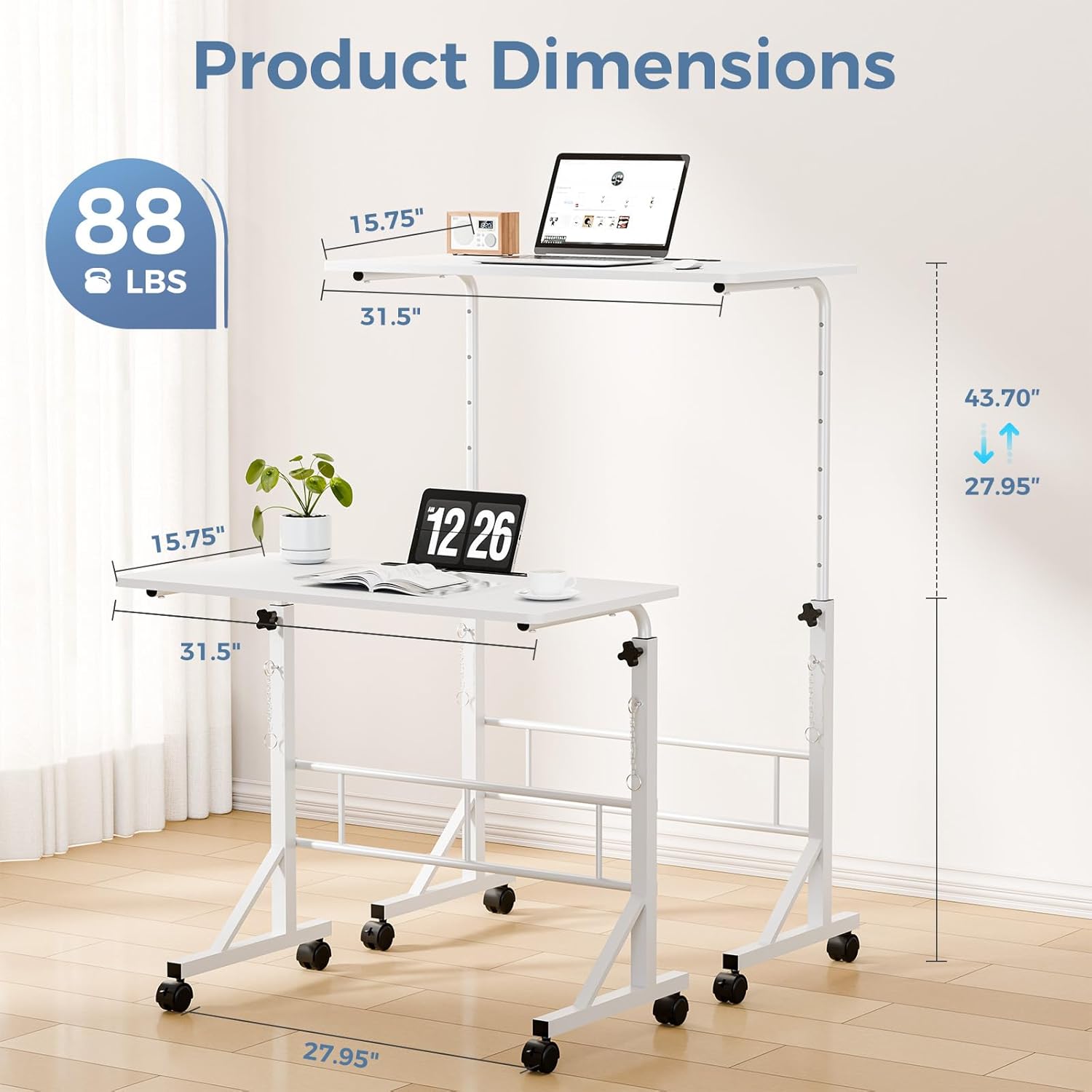31.5 Adjustable Height Mobile Desk with Locking Wheels & Pin-Lock, Portable Workstation for Walking Pad & Active Home Office, White