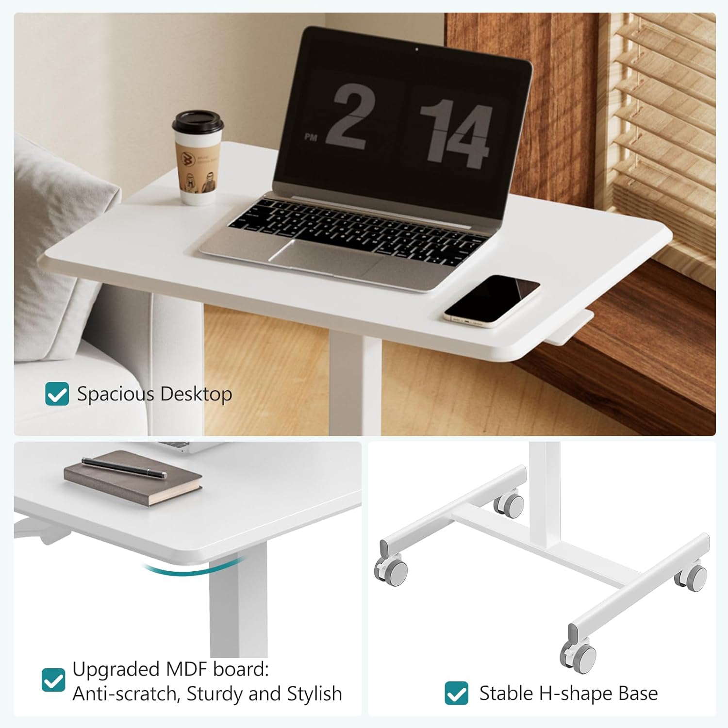 Small Standing Desk with Locking Wheels, Mobile Portable Rolling Laptop PC Table, Adjustable Height Computer Workstation for Home Office, 19 Inch, White
