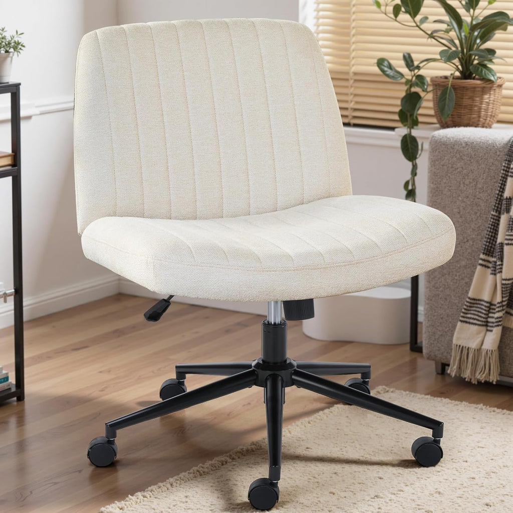 Criss Cross Chair No Wheels, Legged Office Desk Armless Chiar Wide Seat, Adjustable Swivel Teddy Fabric Task Vanity Chairs for Home Bedroom, Pink