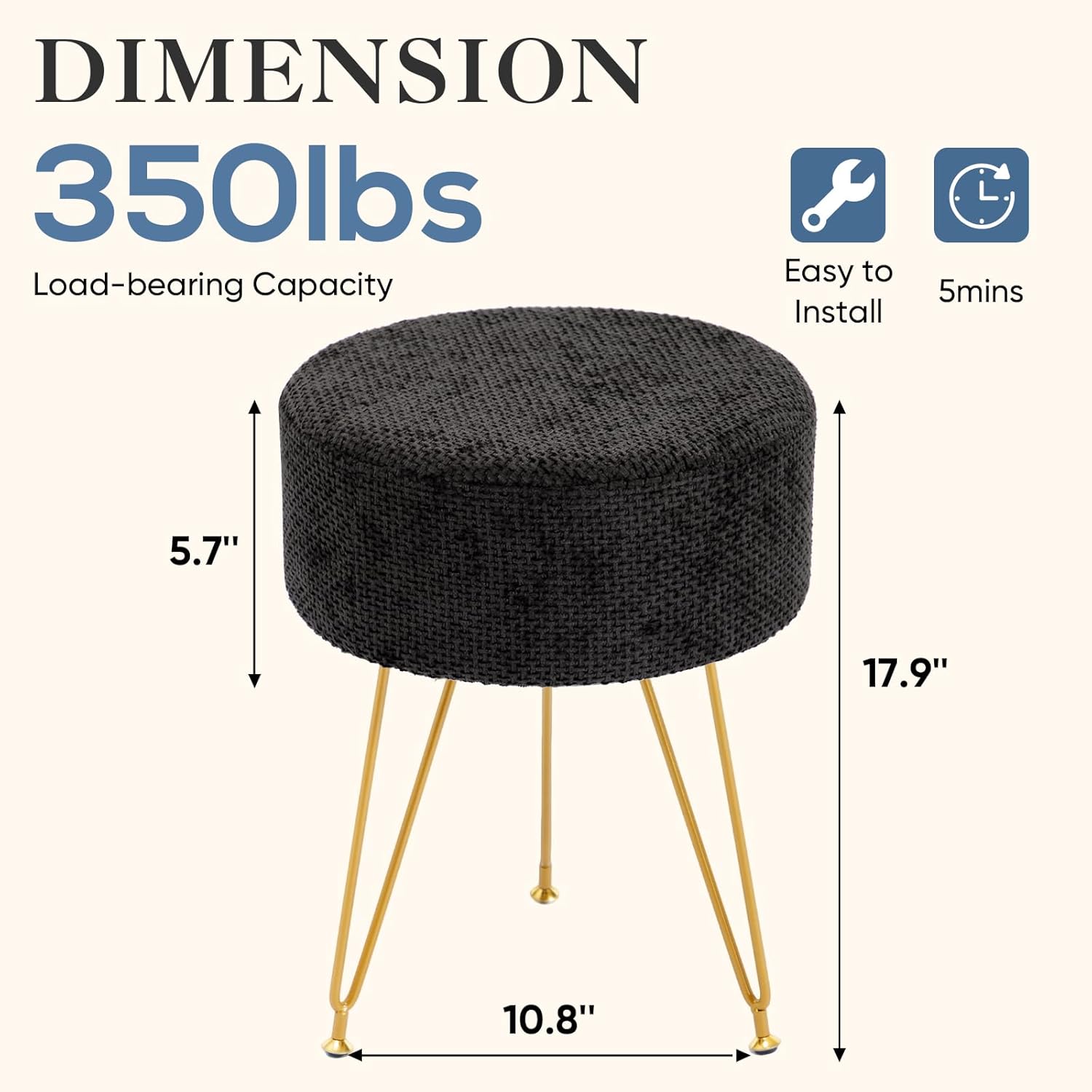 Velvet Vanity Stool, 350LBS Heavy-Duty Makeup Stool with 4CM Thick Cushion, Round Ottoman Footrest Chair for Bedroom, Bathroom, Dressing Table, Easy-Clean Soft Fabric, Black