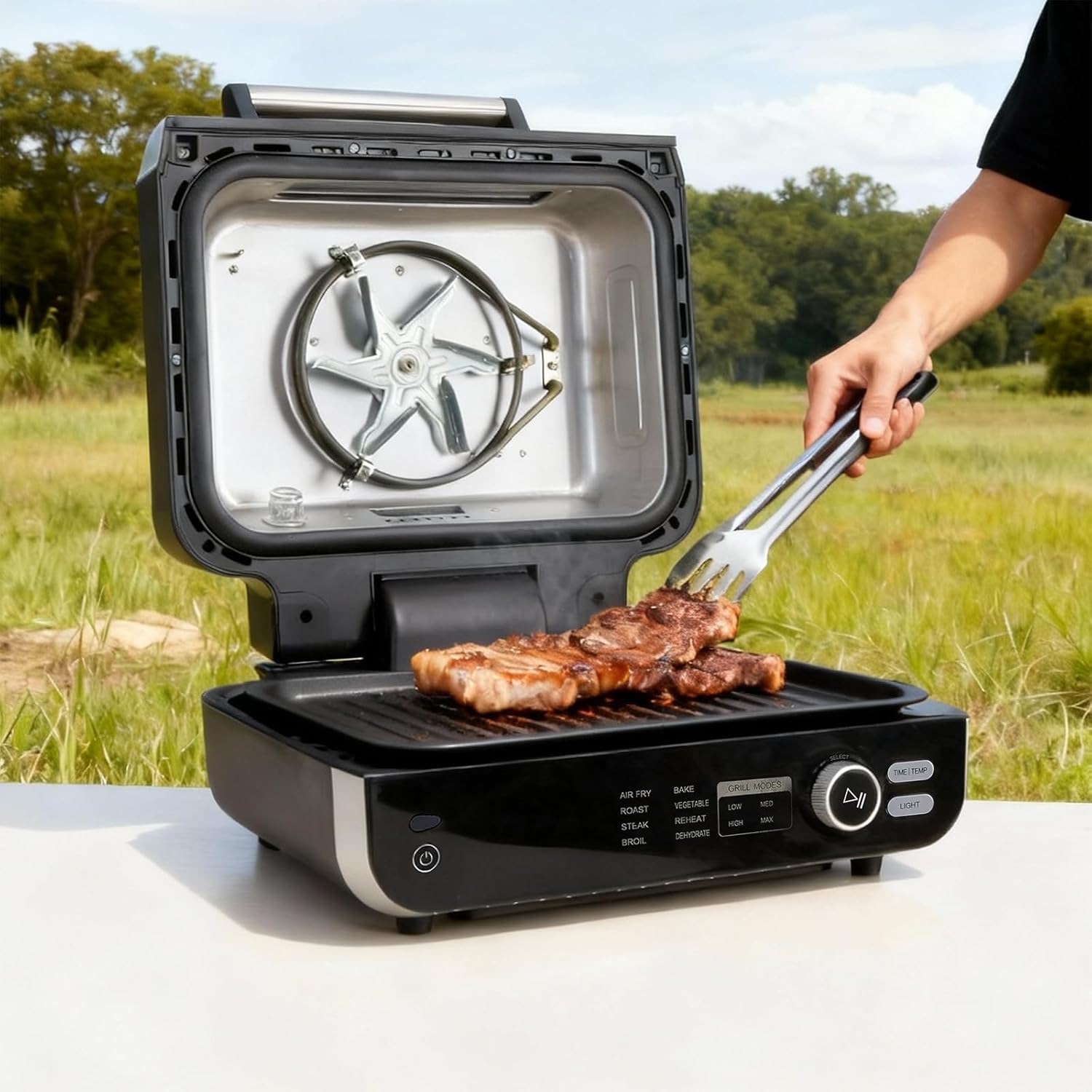 Electric Grill Outdoor/Indoor, 8-in-1 Multifunctional Large Electric BBQ Grill for Air Fry, Bake, Roast, Steak, Broil and Dehydrate, Safe Non-Stick Coating, Fry Basket Included
