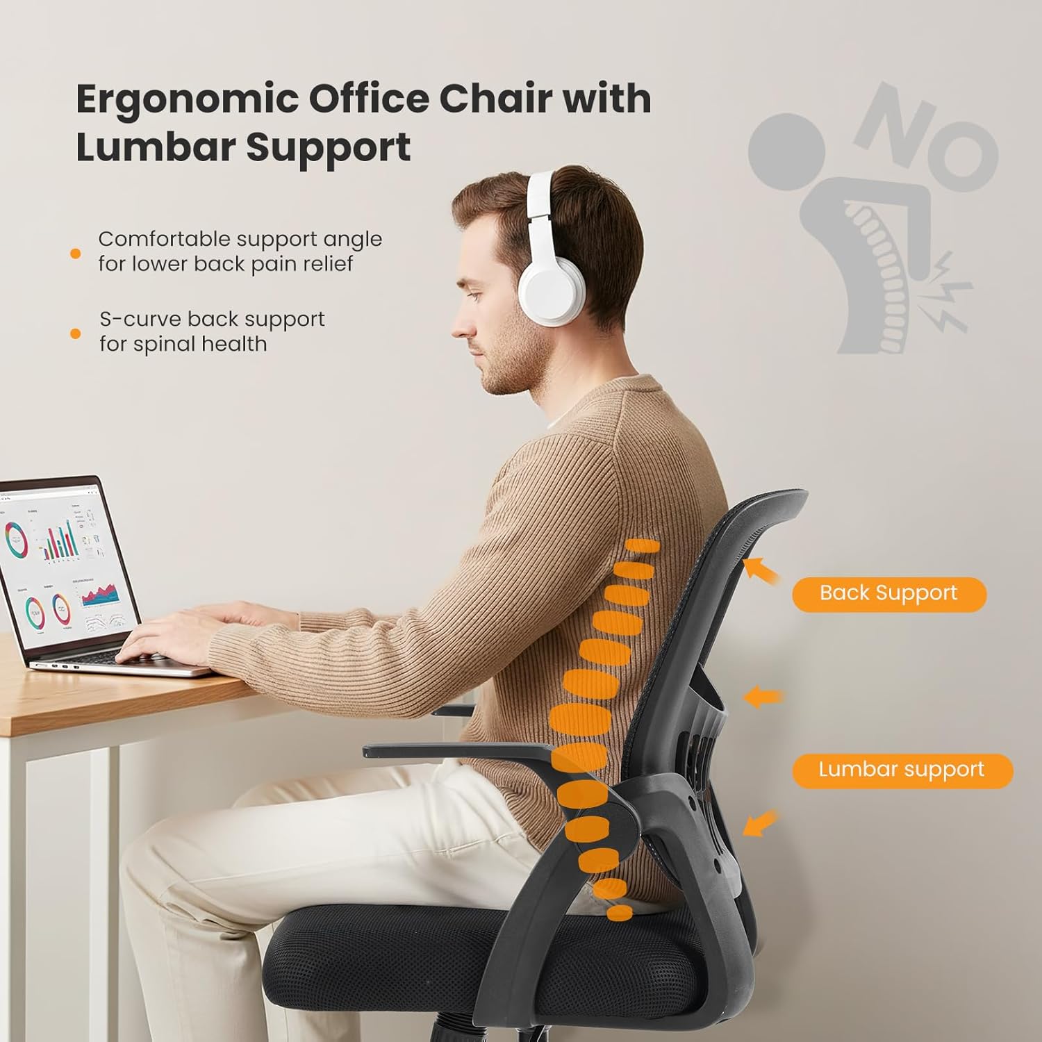 Home Office Managerial Executive Chair, Flip Up Armrest Ergonomic Mesh Adjustable Swivel Mid-Back Computer Desk Chair with Comfortable Lumbar Support, Comfy Arms for Bedroom,Study
