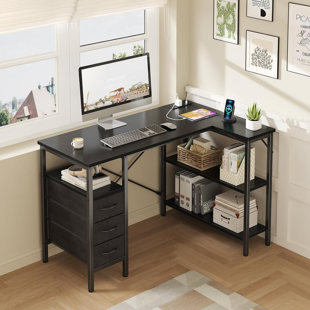 L Shaped Desk with Shelf Drawers 47 Inch, Black Corner Computer Desks Gaming with Power Outlet, Study Table with Adjustable Shelves, Home Office Tables for Bedroom Teacher Reading Writing