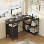 L Shaped Desk with Shelf Drawers 47 Inch, Black Corner Computer Desks Gaming with Power Outlet, Study Table with Adjustable Shelves, Home Office Tables for Bedroom Teacher Reading Writing