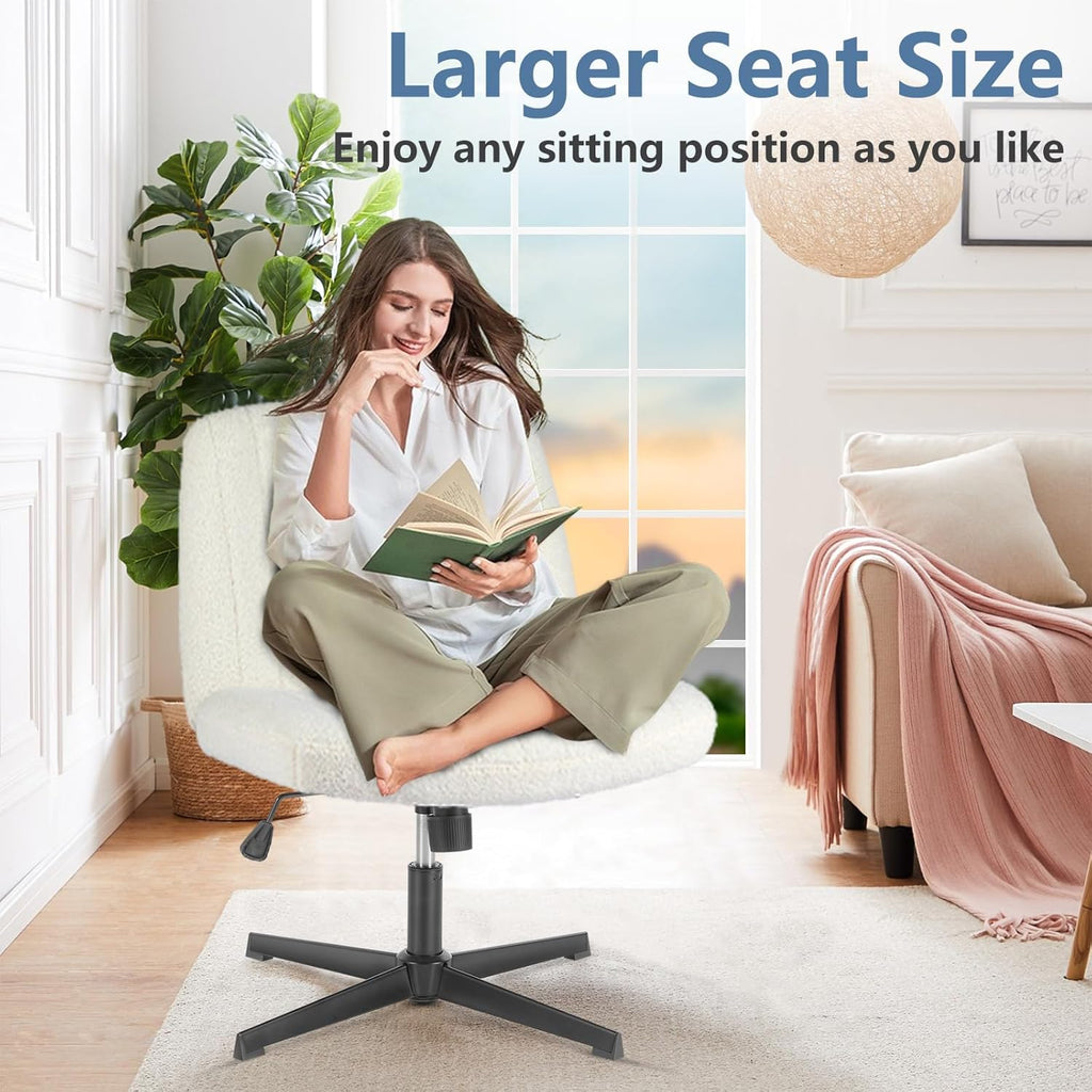 Criss Cross Chair No Wheels, Legged Office Desk Armless Chair Wide Seat, Adjustable Swivel Teddy Fabric Task Vanity Chairs for Home Bedroom, Beige