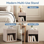 22.7 Modern Night Stand with Drawer and Open Shelf, Mid Century Bedside Table for Bedroom, Wood End Table with Fluted Front, Sturdy Compact Sofa Side Table, White Oak