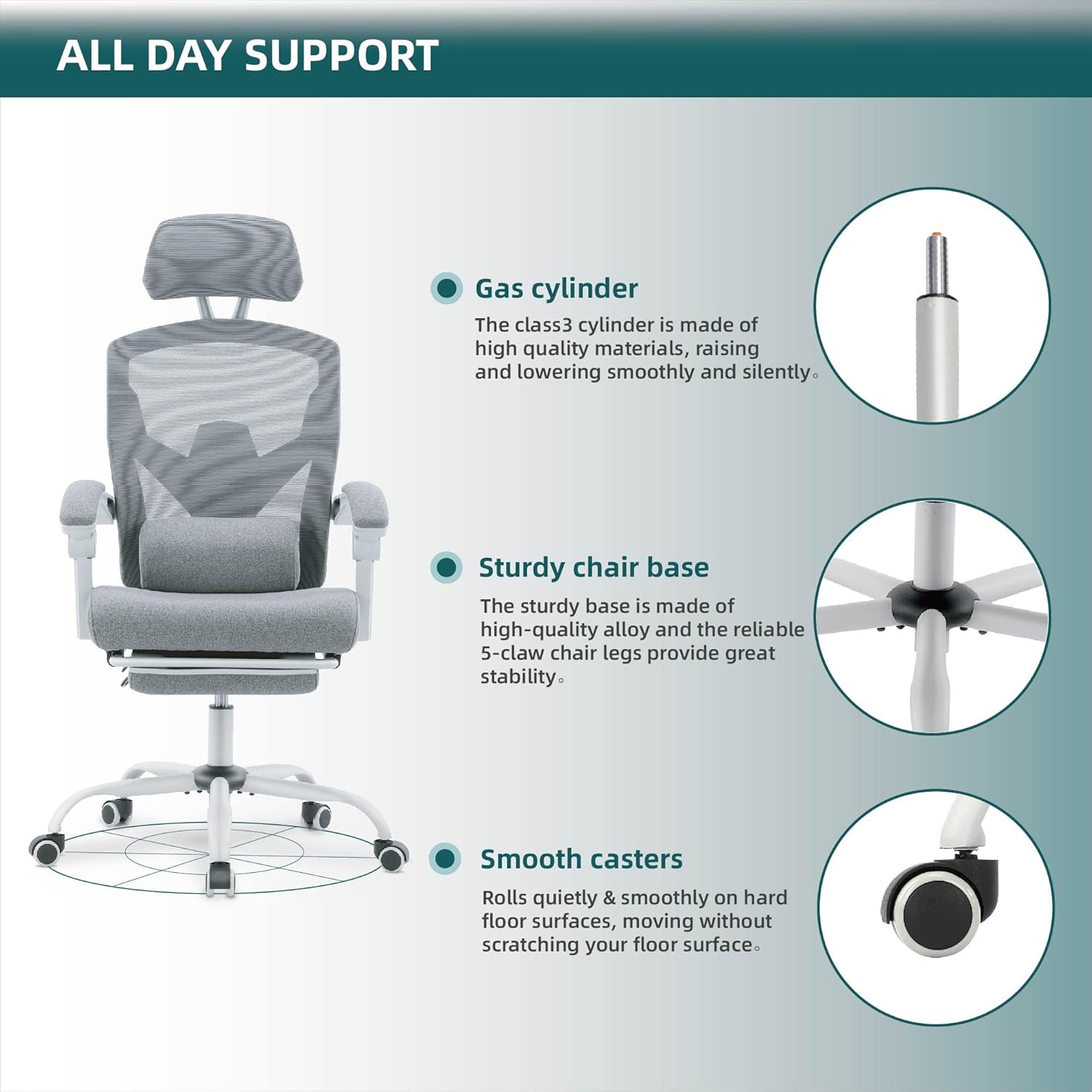Home Office Desk Chair with Footrest, High-Back Mesh Rolling Swivel Reclining Chairs with Wheels, Comfortable Headrest, Lumbar Support, Comfy Arms for Home, Office, Gaming, Student,Elegant Grey