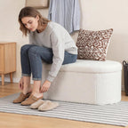 43 inches Folding Storage Ottoman Bench, Oval Round Ottoman End of Bed Foot Rest Bench Stool with Cushion, Storage Chest for Bedroom, Living Room, Entryway, White