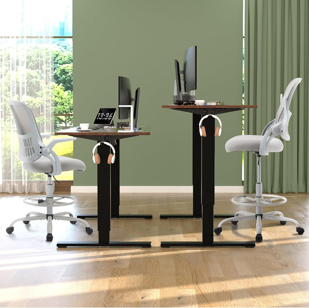 Drafting Chair for Standing Desk, Counter Height Adjustable, Flip-up Arms, Ergonomic Mid Back Mesh Rolling Work Swivel Office Computer Chairs with Wheels, Grey