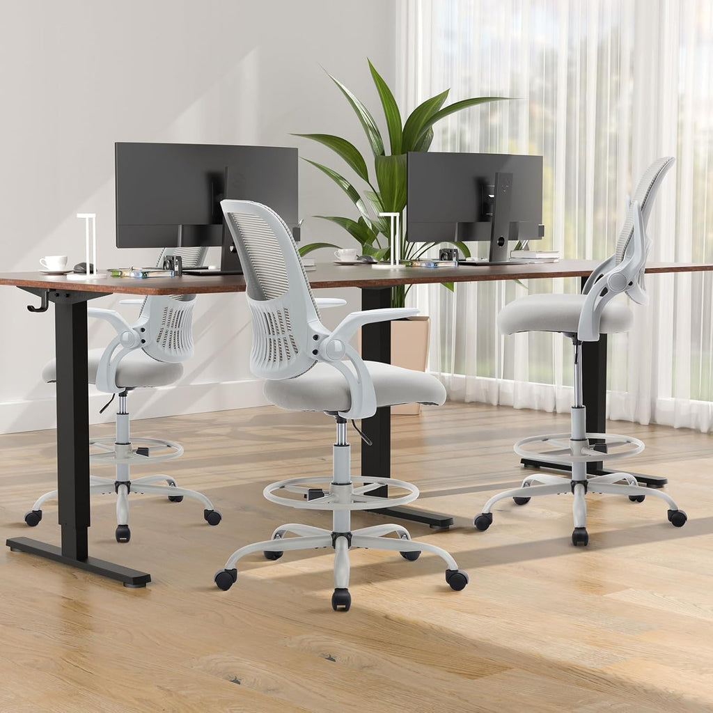 Drafting Chair for Standing Desk, Counter Height Adjustable, Flip-up Arms, Ergonomic Mid Back Mesh Rolling Work Swivel Office Computer Chairs with Wheels, Grey
