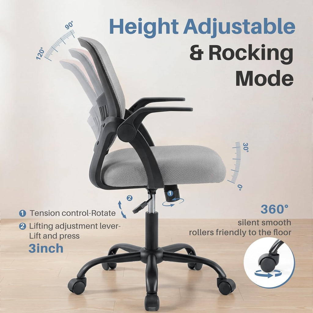 Home Office Desk Chair - Ergonomic Computer Mesh Chair with Lumbar Support & Rocking Mode, Height Adjustable with Flip-up Armrest, for Conference, Meeting Room, 360?? Swivel, Adults, Grey
