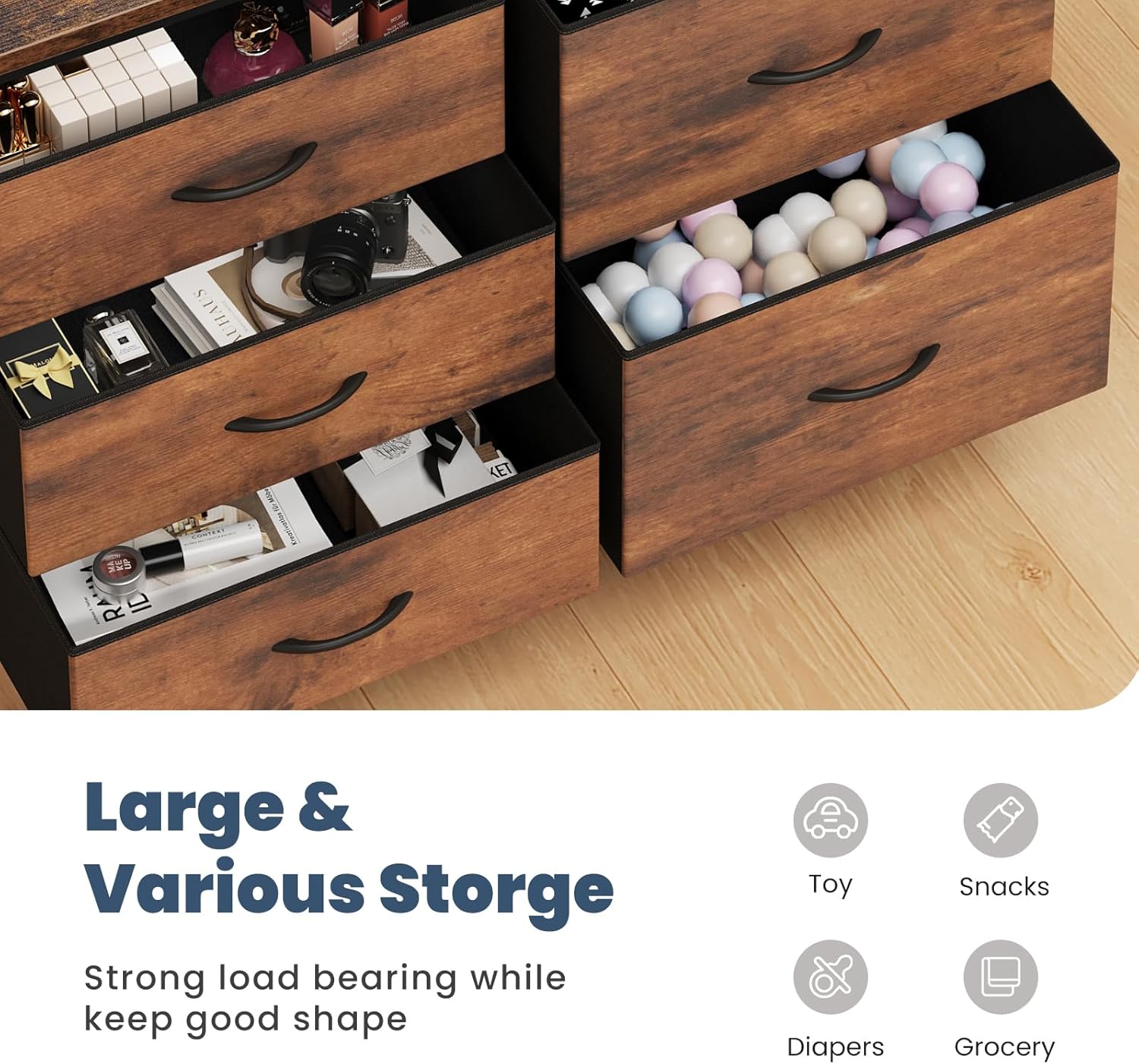 TV Stand for Bedroom with 5 Storage Drawers, Fabric Chest of Drawers with Metal Frame, Living Room Storage Organizers Units for Books, TV Stand and Hallway, Rust