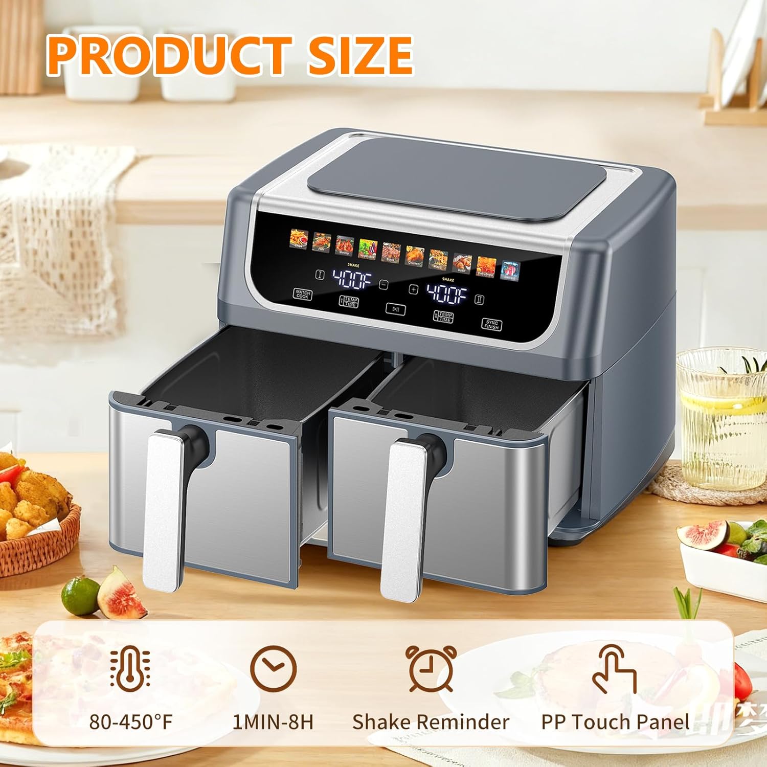 Dual Basket Air Fryer, 9.5 Quart Large Air Fryer with Double Basket, Independent TEMP Control, Sync Setting, Shake Reminder, 10 Presets for Bake, Broil, Defrost, Dehydrate, Grey