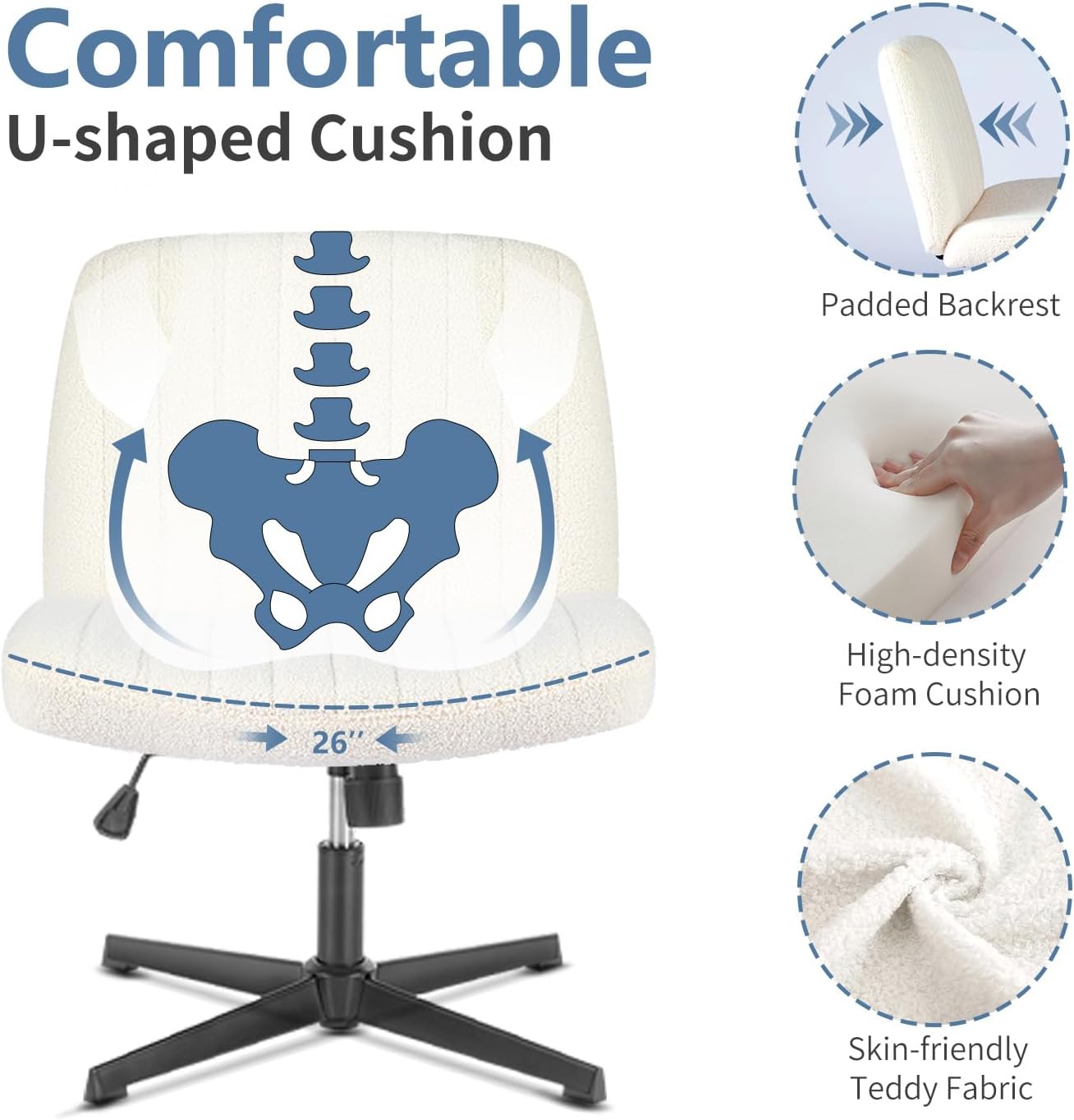 Criss Cross Chair No Wheels, Legged Office Desk Armless Chair Wide Seat, Adjustable Swivel Teddy Fabric Task Vanity Chairs for Home Bedroom, Beige