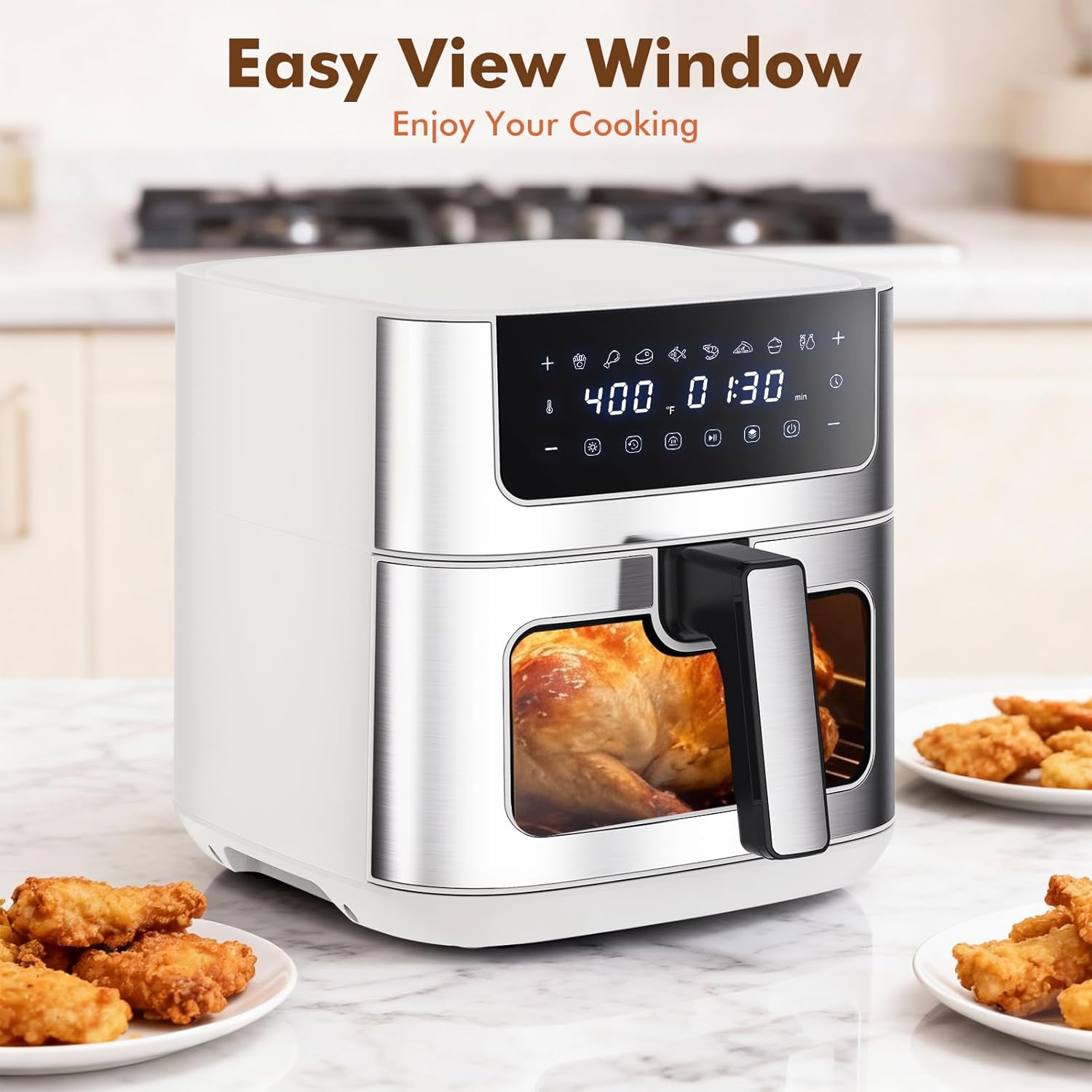 6.34QT Air Fryer with Window, 8 Food Presets with 400??F Max Heat, 90-Min Timer, Nonstick Dishwasher-Safe Basket for Air Fry, Roast, Reheat, Bake, Stainless Steel, White