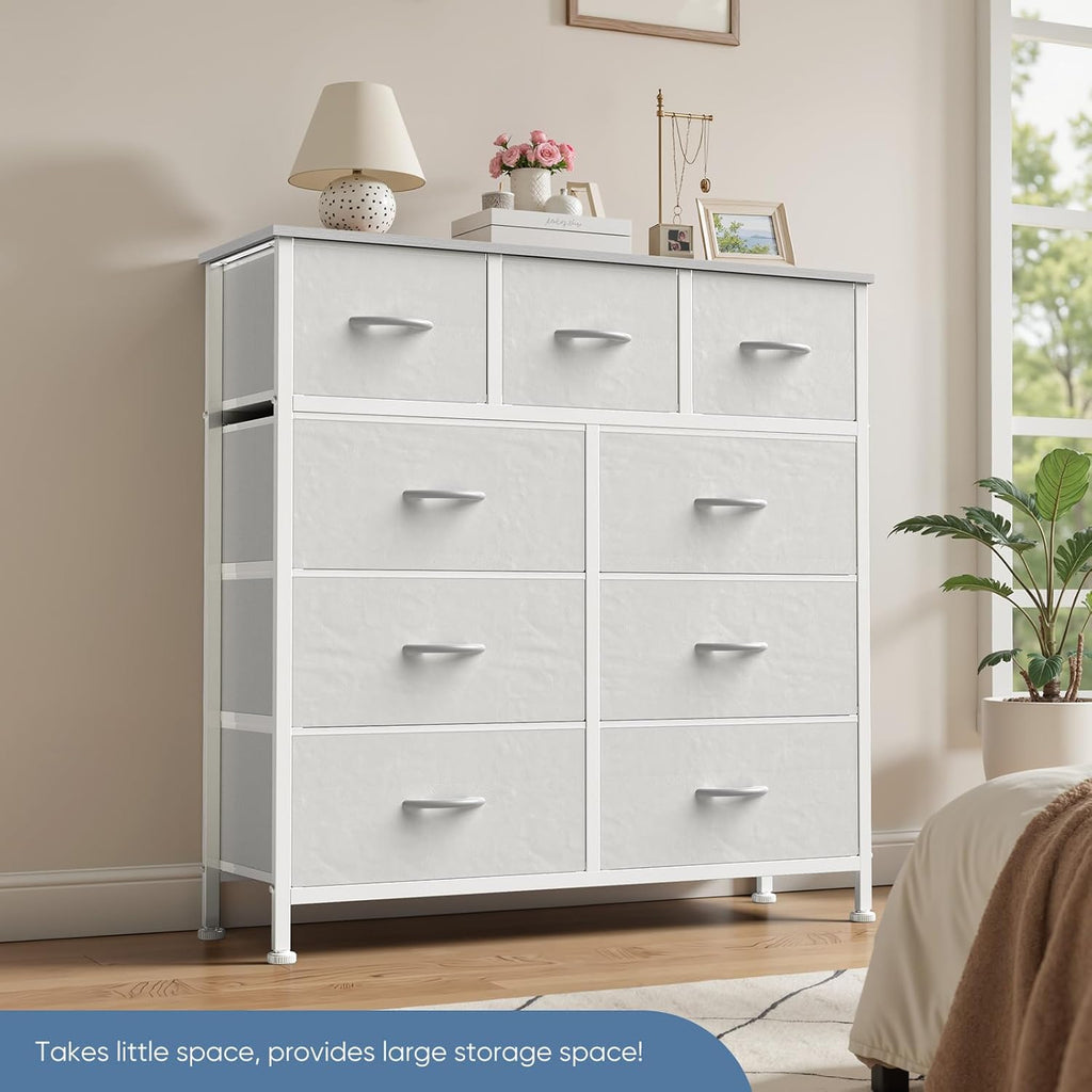 9 Drawer Dresser for Bedroom, Fabric Storage Organizer with Sturdy Metal Frame, Wooden Top Chest of Drawers for Closet Entryway Guest Room,White