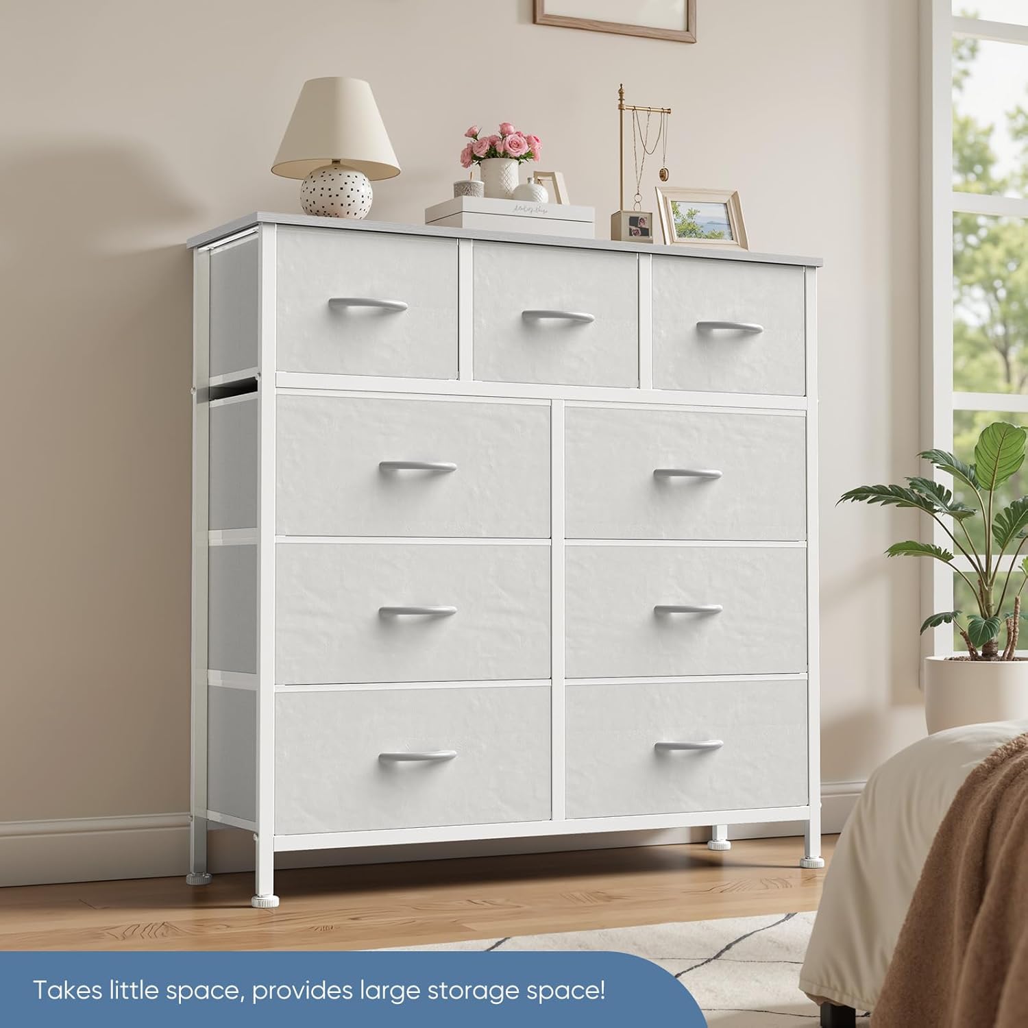 9 Drawer Dresser for Bedroom, Fabric Storage Organizer with Sturdy Metal Frame, Wooden Top Chest of Drawers for Closet Entryway Guest Room,White