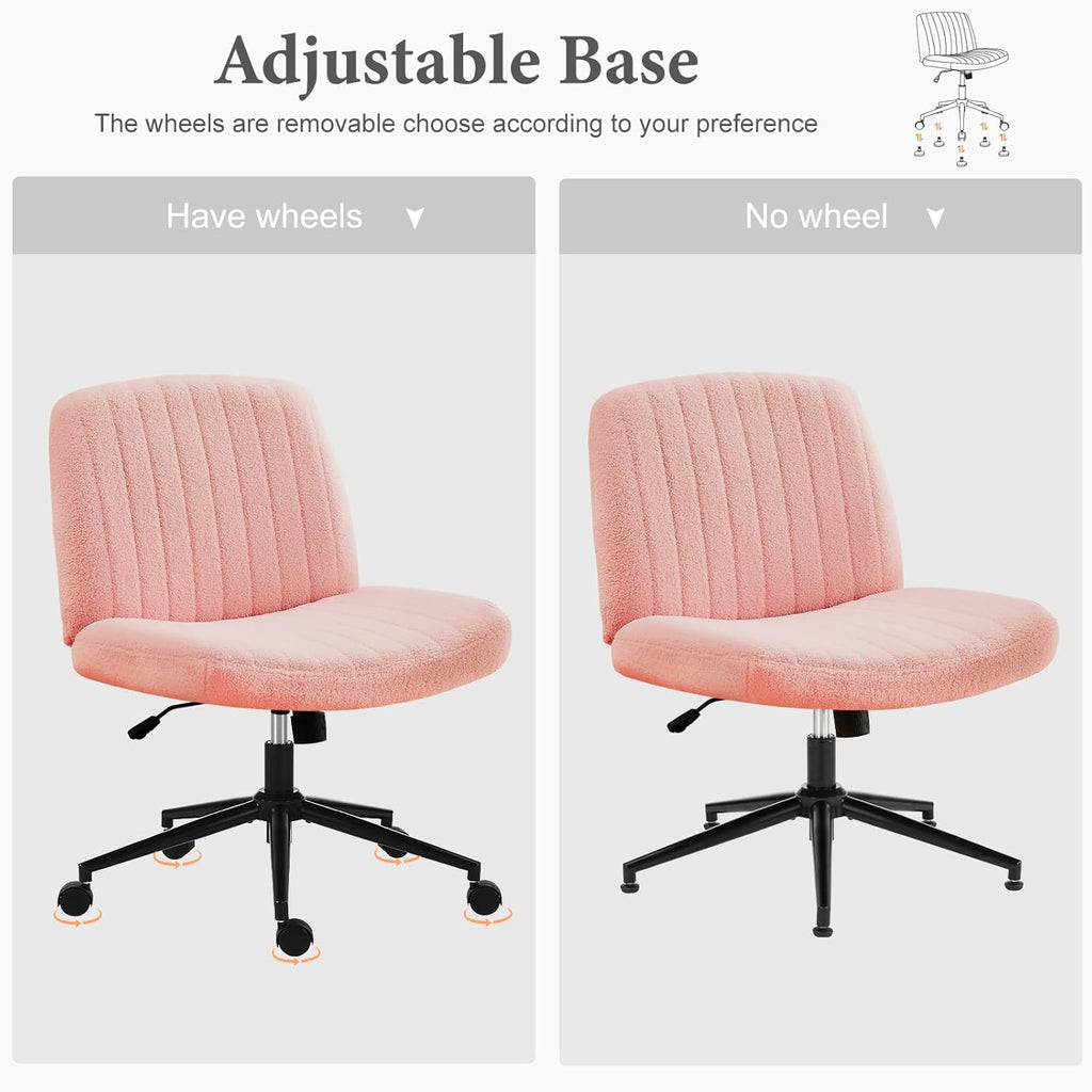 NEWBULIG Armless Office Desk Chair,Criss Cross Legged and Wide Padded Seat with Wheels, Adjustable Height and Tilted Angles,Swivel Rolling Task Vanity Chair for Bedroom,Peach Pink