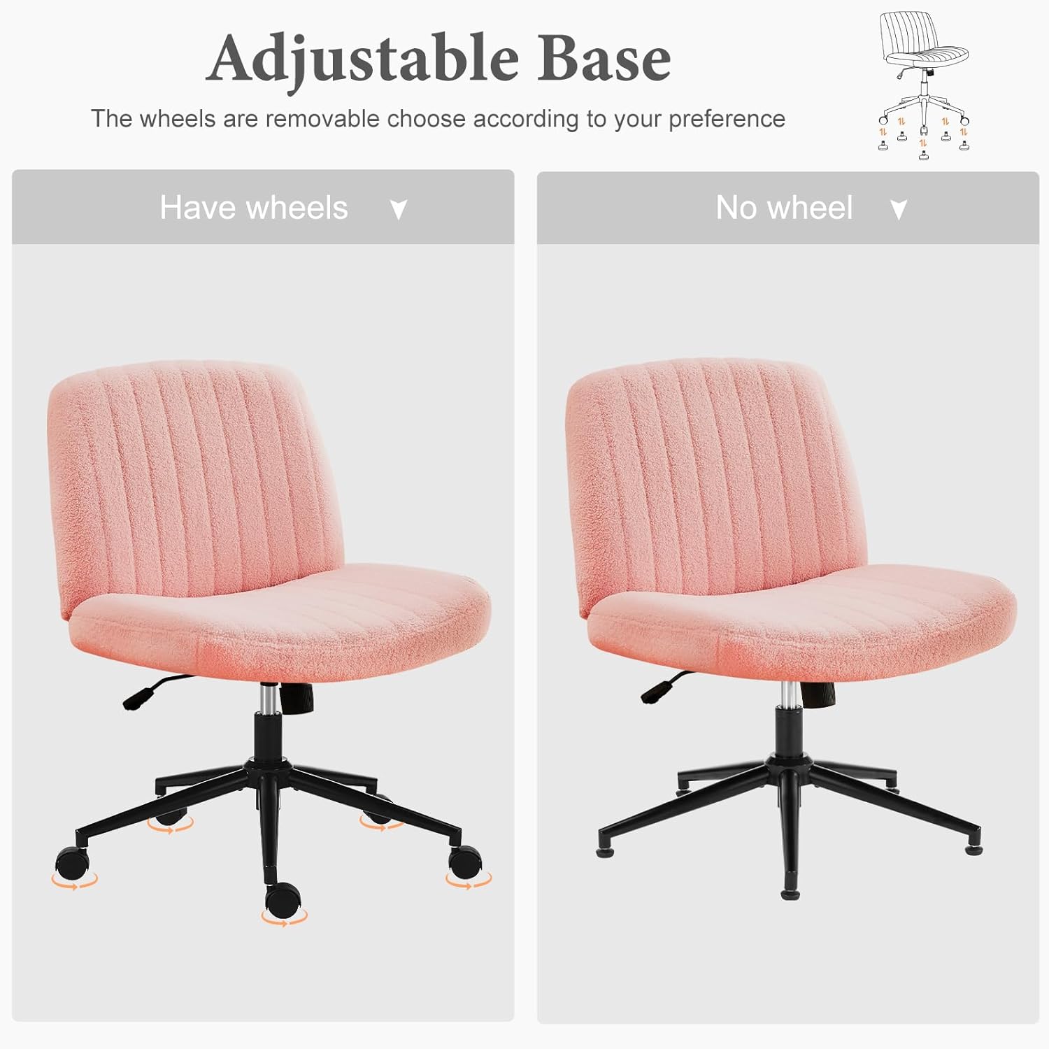 NEWBULIG Armless Office Desk Chair,Criss Cross Legged and Wide Padded Seat with Wheels, Adjustable Height and Tilted Angles,Swivel Rolling Task Vanity Chair for Bedroom,Peach Pink