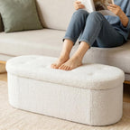 43 inches Folding Storage Ottoman Bench, Oval Round Ottoman End of Bed Foot Rest Bench Stool with Cushion, Storage Chest for Bedroom, Living Room, Entryway, White