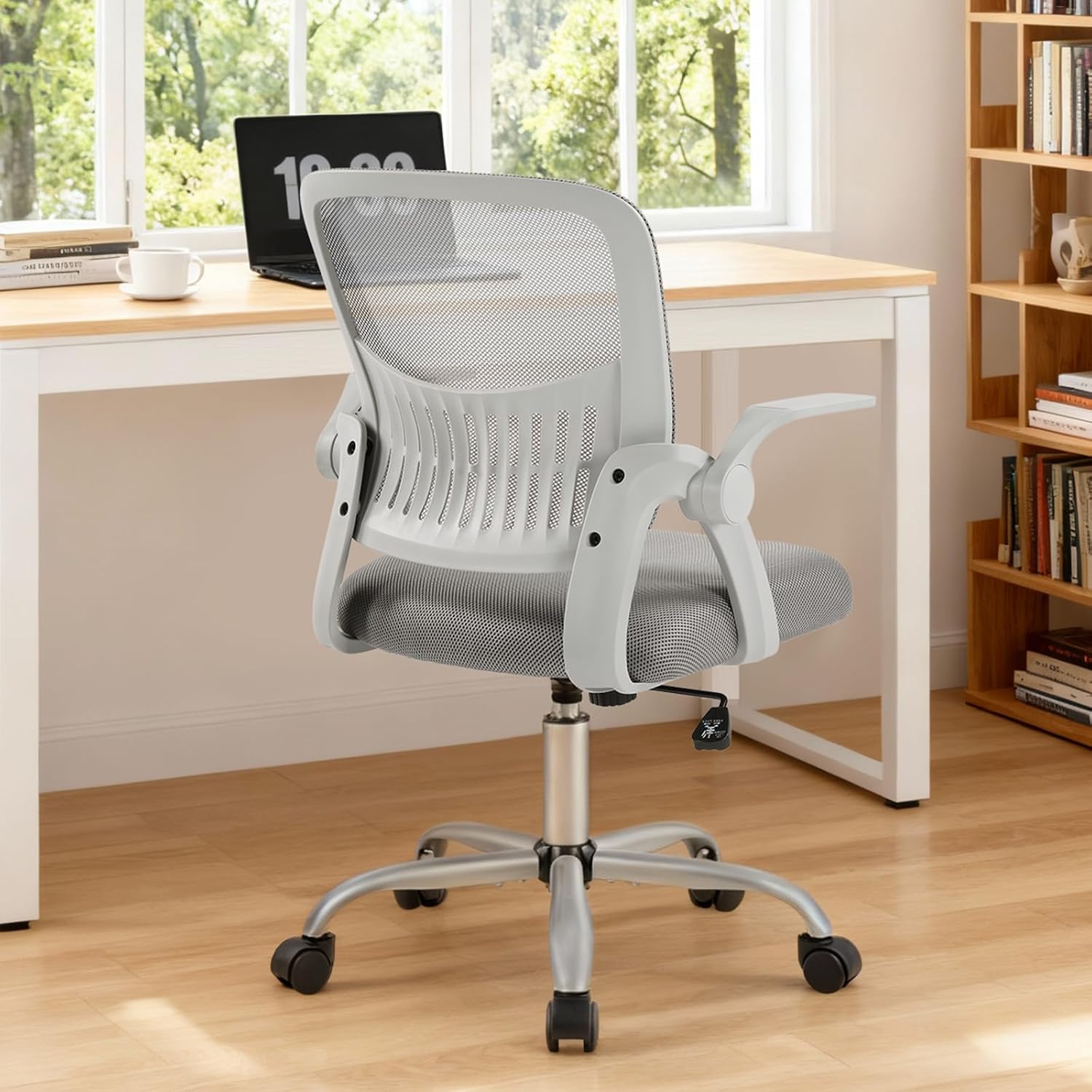 Home Office Managerial Executive Chair, Ergonomic Mesh Adjustable Swivel Mid-Back Chair with, Flip-up Arms, Comfortable Lumbar Support, Comfy Arms for Bedroom,Study,Student, Grey