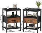 Nightstand Set of 2 with Wireless Charging Station Bed Side Tables with Adjustable Fabric Drawers 3-Tier Storage End Tables Modern Design,Black