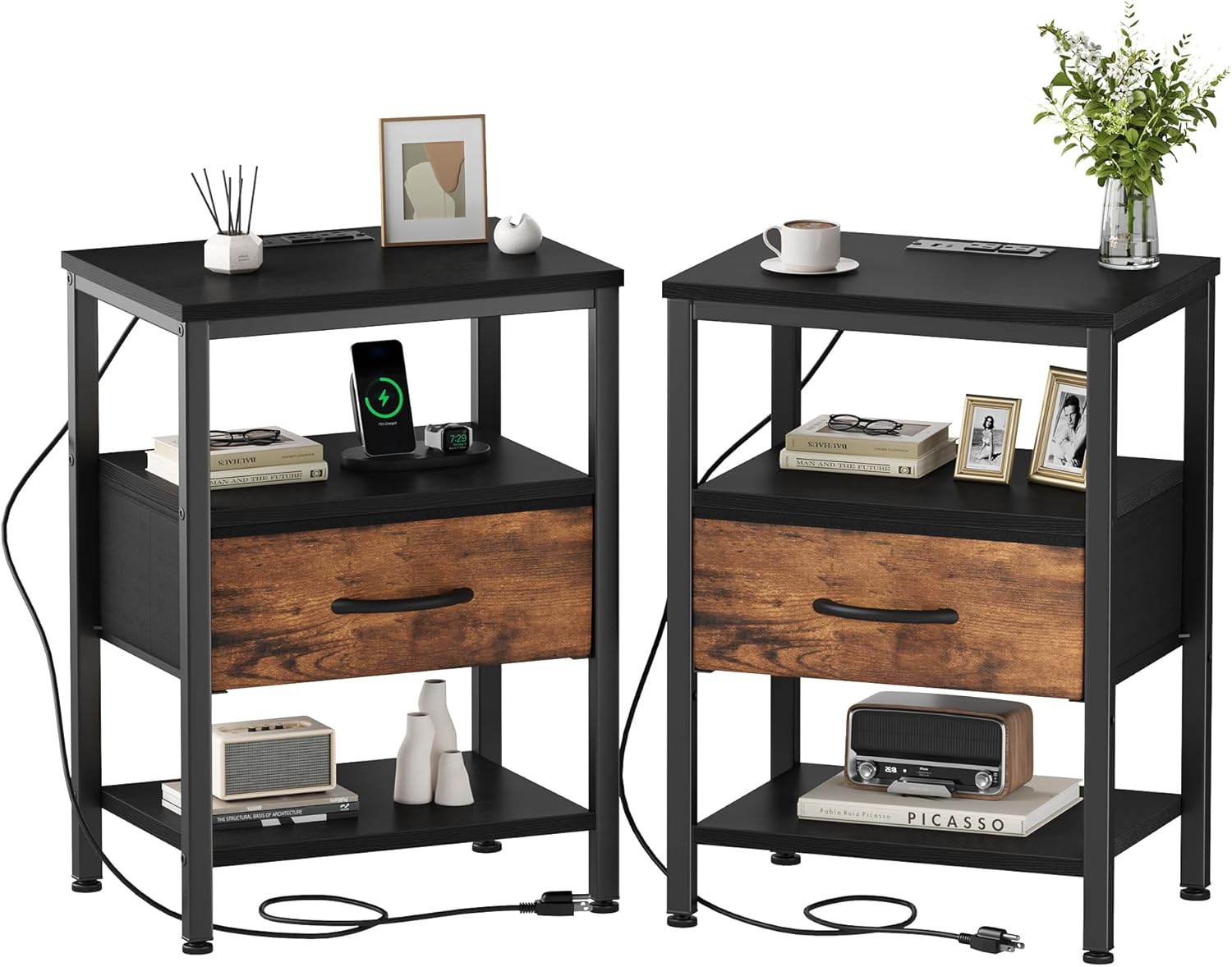 Nightstand Set of 2 with Wireless Charging Station Bed Side Tables with Adjustable Fabric Drawers 3-Tier Storage End Tables Modern Design,Black
