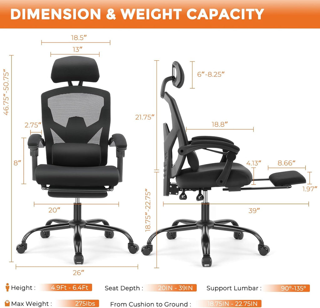 Office Computer Desk Chair, Ergonomic High-Back Mesh Rolling Work Swivel Chairs with Wheels, Comfortable Lumbar Support, Comfy Arms for Home, Bedroom, Study, Student, Black